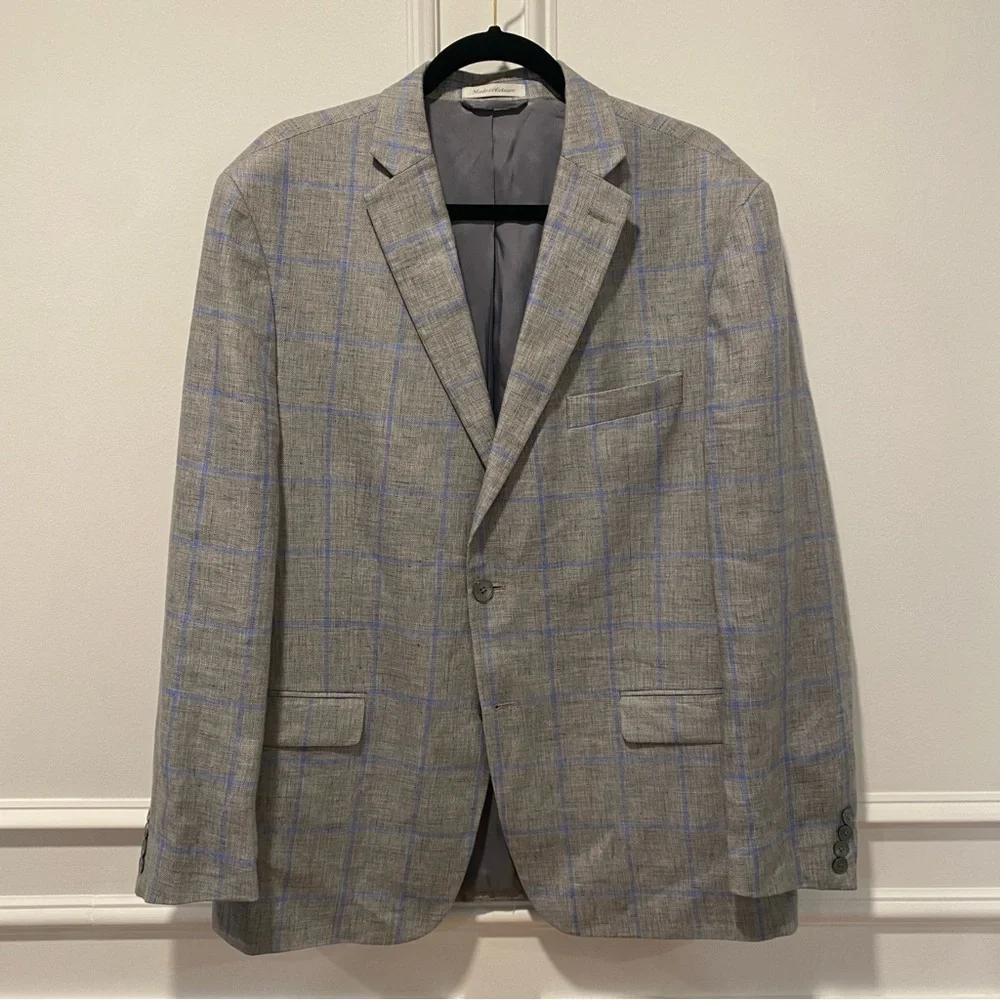 Lauren Ralph Lauren Men's Blazer Size 44R Gray Blue Windowpane Linen Sport Coat